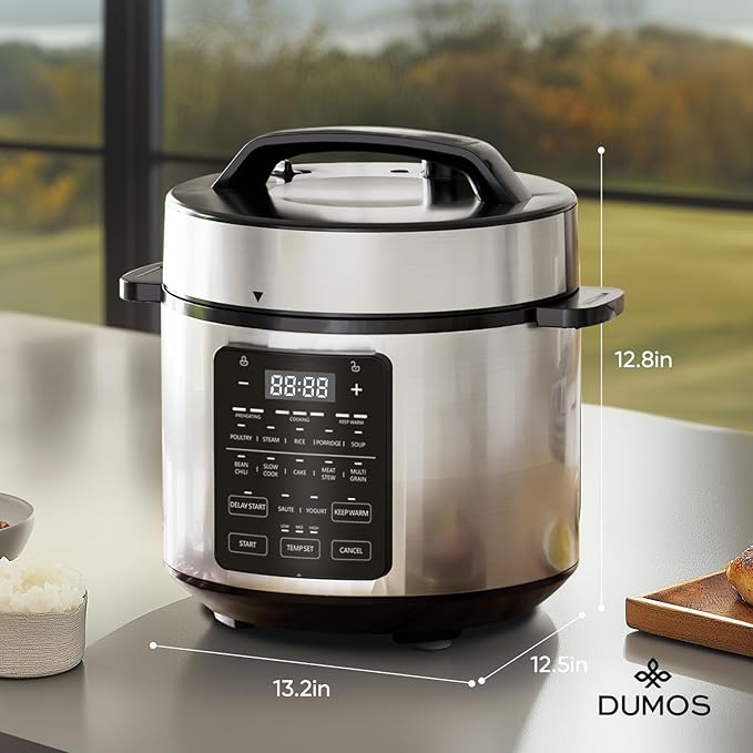 DUMOS 12-in-1 Electric Pressure Cooker 6 QT Stainless Steel Multi Cooker Electric for Pressure, Rice, Steamer, Yogurt Maker, Slow Cook,Meat Stew, Cake, Porridge, Multigrain, Sliver