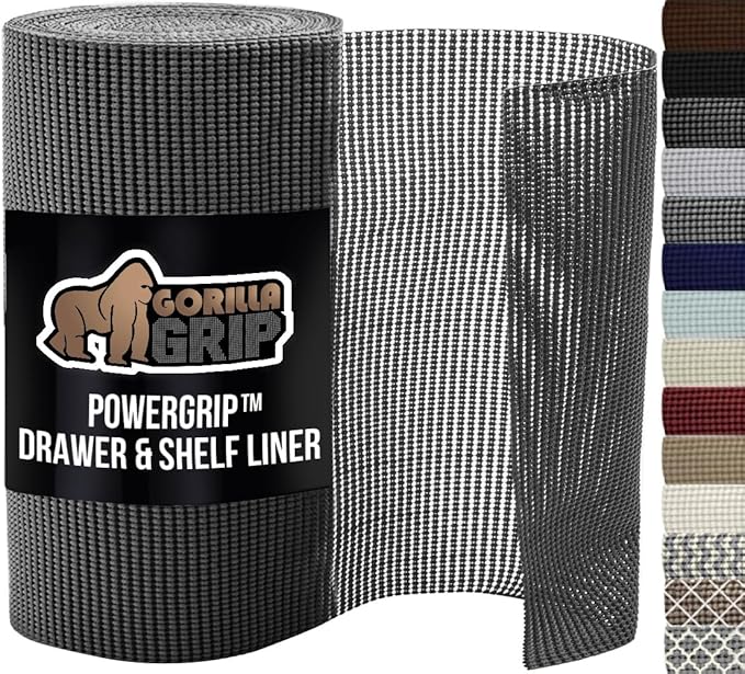 GORILLA GRIP powerGRIP Drawer Shelf and Cabinet Liner, Thick Strong Hold, Non-Adhesive Liners Protect Kitchen Cabinets and Cupboard, Bathroom Drawers, Easy Install, Breathable Mat, 17.5" x10' Charcoal