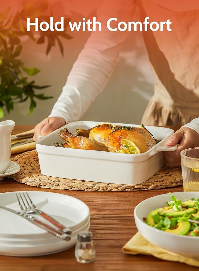 Sweese 8x8 inch Square Porcelain Baking Dish with Double Handles - Non-Stick Oven Casserole Pan for Brownie, Lasagna, Roasting - Great for Serving or Cooking