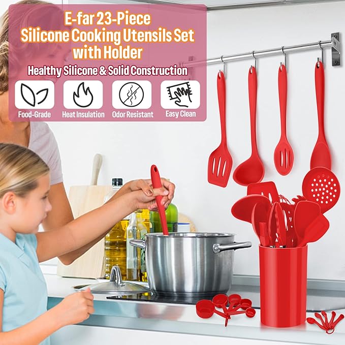 Silicone Kitchen Utensils Set, E-far 23 Pcs Red Cooking Utensils Tools with Holder for Nonstick Cookware, Include Spatula/Spoon/Ladle/Tongs/Turner, Heat Resistant & Nontoxic, Dishwasher Safe