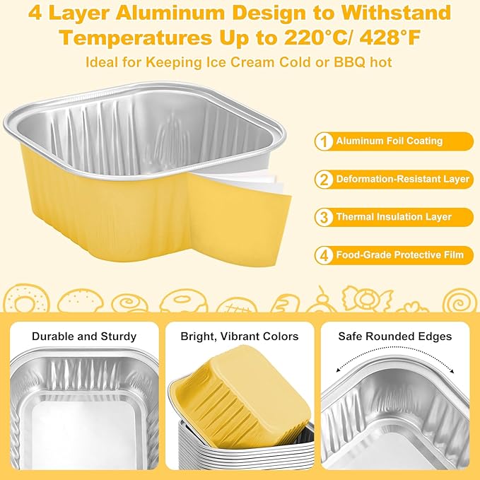 100 Pack Mini Cake Pans with Lids and Spoons, 5oz Square Aluminum Foil Loaf Pans Gold Small Cake Tins Disposable Baking Pans Dessert Cupcake Cups with Ribbon Decals for Wedding Birthday Party Picnics
