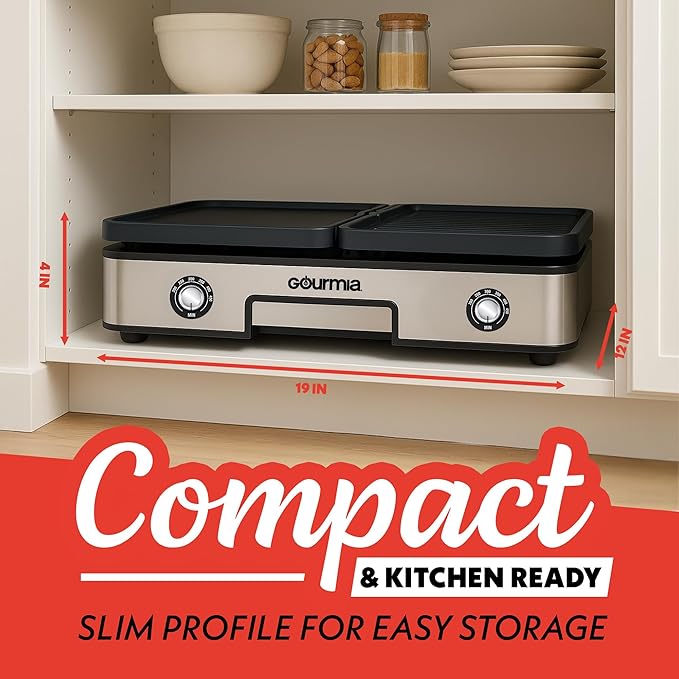 Gourmia 3-in-1 Indoor Grill/Griddle Electric Combo - 250-400°F Adjustable Dual Cooking Zones with Removable Nonstick Reversible Ceramic Plates - Non Toxic Dishwasher Safe Countertop Kitchen Appliances