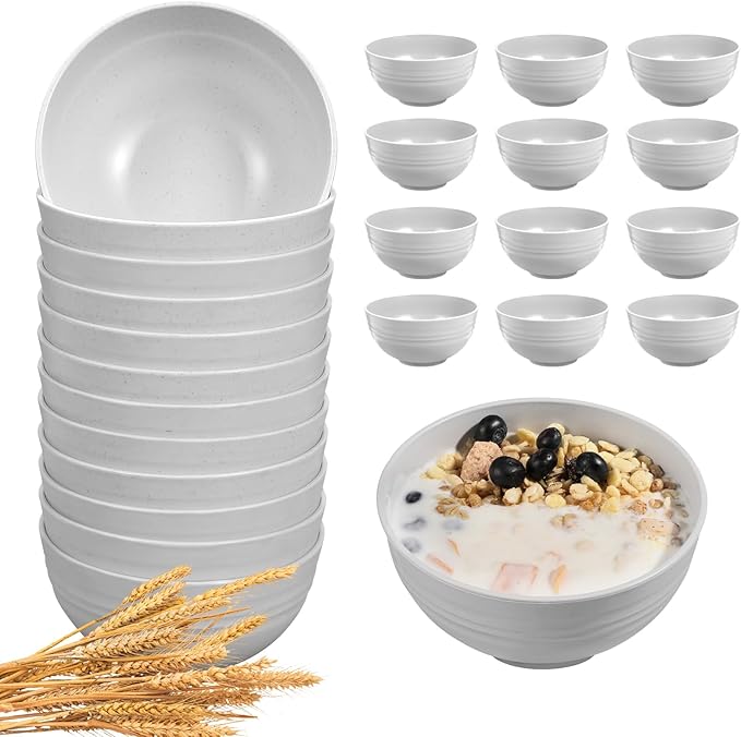 12 Pcs Unbreakable Rice Bowls Set, 26 Oz Wheat Straw Bowls Set, Microwave & Dishwasher Safe Bowl for Kitchen, Reusable Plastic Bowl for Soup, Salad and Snack, BPA Free, White Gray