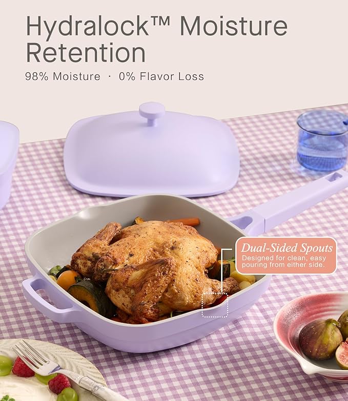 10.5 Inch(3.8QT) Deep Frying Pan,Non Stick Frying Pans Cast Aluminum,Ti-Ceramic Non Toxic Pix Pan with Lid,Natural Wooden Spatula and Loofah Scrubber-Dusk Petal