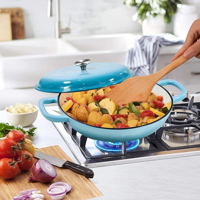 Cast Iron Casserole Braiser, 3.8 Quart,Heavy Duty Casserole Skillet with Lid and Dual Handles, Porcelain Enameled Surface Cookware Pot, Mother's Day Gifts for Family Light Blue