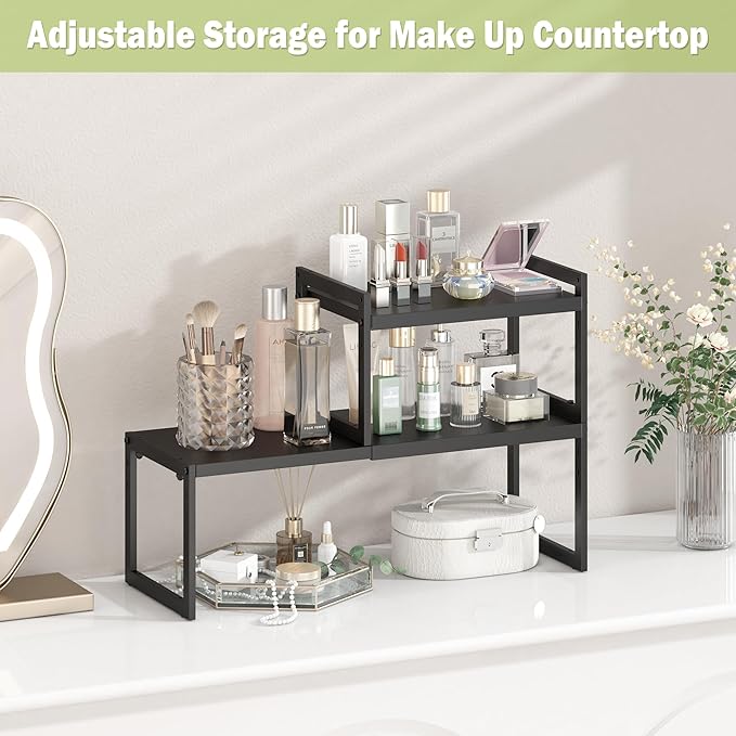 DOLALIKE Expandable kitchen Countertop Organizer, Stackable Cabinet Shelf Organizers, Space Saving Spice Rack Pantry Storage for Bathroom Office (Black, 1 Pack)