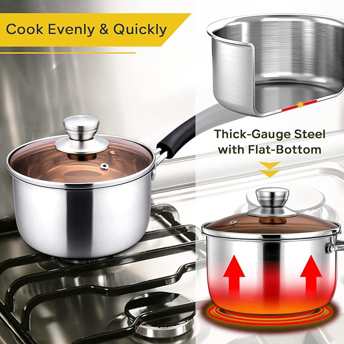 E-far 1 Quart Saucepan with Lid, Stainless Steel Small Sauce Pot with Glass Lid for Cooking, Easy Clean & Rust Free, Dishwasher Safe