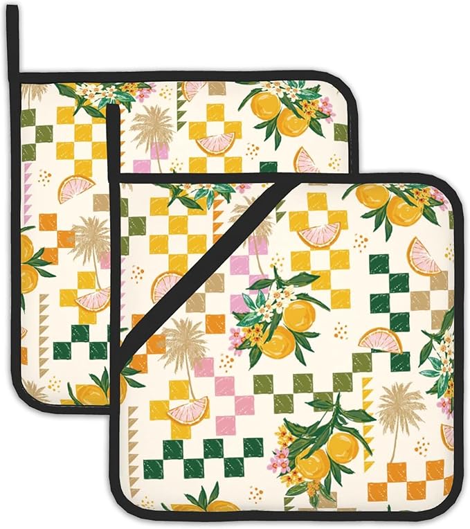 2 Pack Lemon Pot Holders for Kitchen Heat Resistant, Summer Lemons Flowers Potholders for Kitchens Washable for Cooking & Baking & Microwave