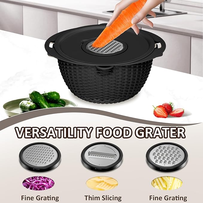 Colanders, 4-1 Colander with Mixing Bowls Set, Strainers for Kitchen, Food Strainers with Grater, Kitchen Gadgets Strainer Basket for Draining Pasta, Vegetable, Fruit & Veggie Washerl,Black