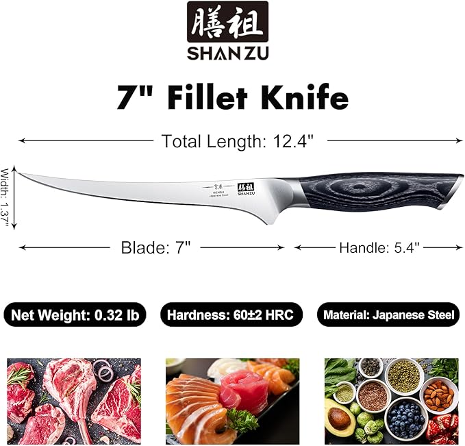 SHAN ZU 7 Inch Fillet Knife, Japanese Super Steel Boning Knife, Professional Ultra Sharp Fish knife with K133 Ergonomic Handle, Black Tortoise Genbu Series