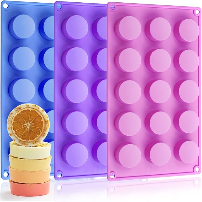 Soap Molds Silicone Round Cylinder 3 Packs 15 Cavities for Snacks Chocolate Candy Cookie Small Wax Melts Lotion Bars, Baking Circle Non-stick Tray Round Mold BPA Free Food Grade Homemade DIY
