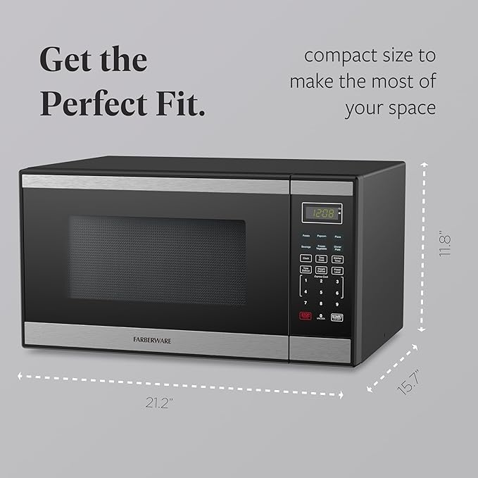 Farberware 1.1 Cu. Ft. Countertop Microwave Oven – 1000W Power, Auto Cook Settings, Defrost, and Safety Lock Stainless Steel, Black Stainless