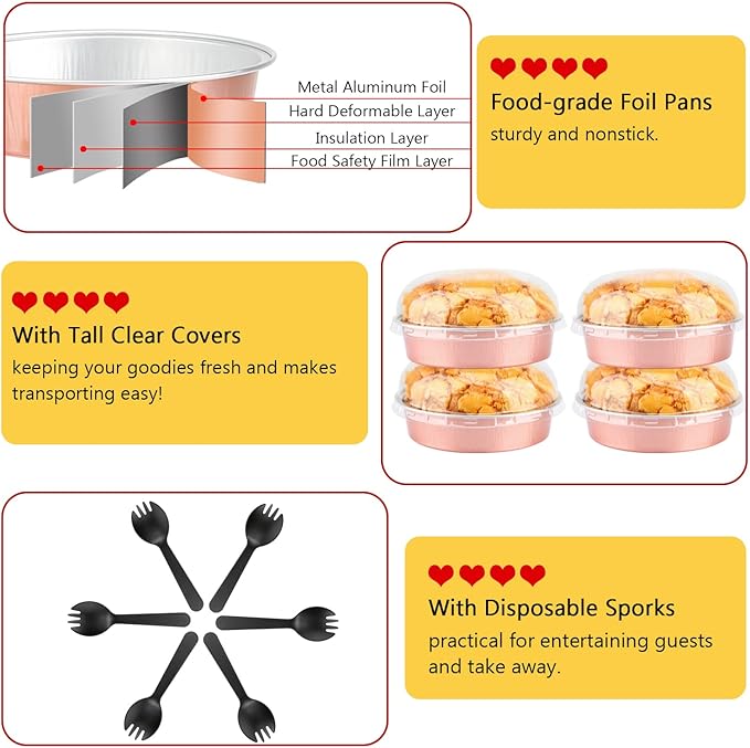 LNYZQUS 8oz Mini Cake Pans with Lids 50 Pack, 4” Disposable Small Pie Pans Aluminum Foil Baking Tins Ramekins,Small Baking Pans Muffin Containers Holders for Wedding Party-Champagne