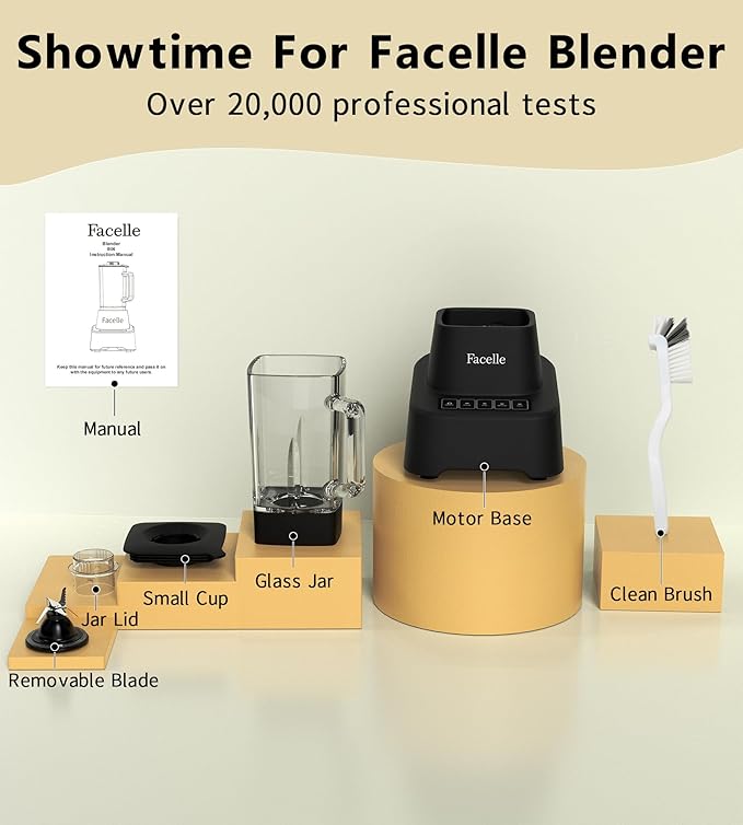 Smoothie Blender, Facelle Countertop Blender for Kitchen, 55 oz Glass blender for smoothies and Shakes, Licuadora, Smoothie maker with touchscreen 3+P Speeds, Cleaning brush & removable SS304 blade