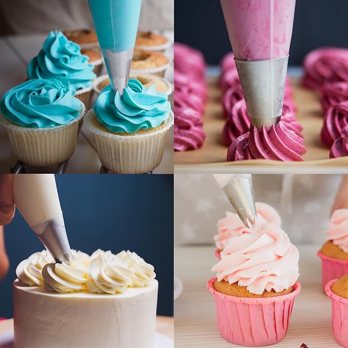 3Pcs 1M Piping Tips,Stainless Steel 1M Star Tips for Piping,Seamless Icing Tips With 10Pcs Disposable Piping Bags for Cake Decorating