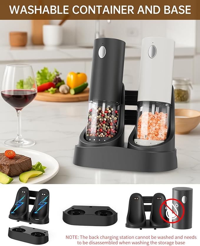 CIRCLE JOY Electric Salt and Pepper Grinder Set Automatic Salt and Pepper Grinder Set with Charging Base and White LED Light, Adjustable Coarseness, USB Rechargeable, Washable Container, White & Black