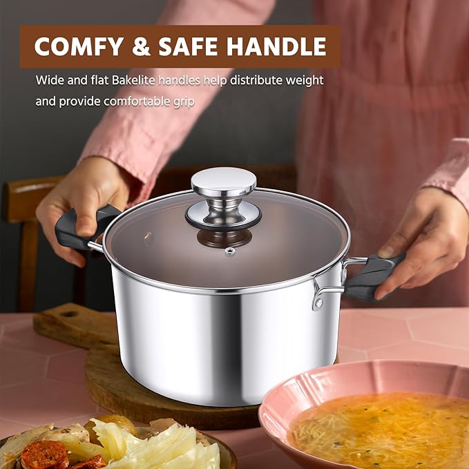 E-far 5Qt Stockpot, 3-Ply Stainless Steel Stock Pot with Glass Lid & Stay-Cool Handles for Cooking Simmering Soup Stew, Heavy Duty Cookware Works w/Induction, Non-toxic & Dishwasher Safe
