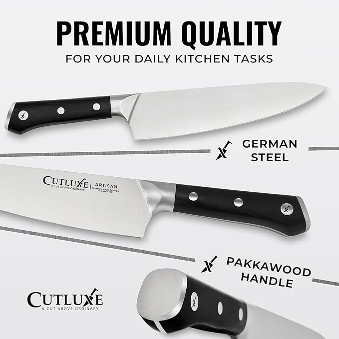 Cutluxe 15-Piece Knife Set – Premium Walnut Wood Block – Knife Set for Kitchen, Ultra Sharp High Carbon German Stainless Steel, Full Tang – Artisan Series