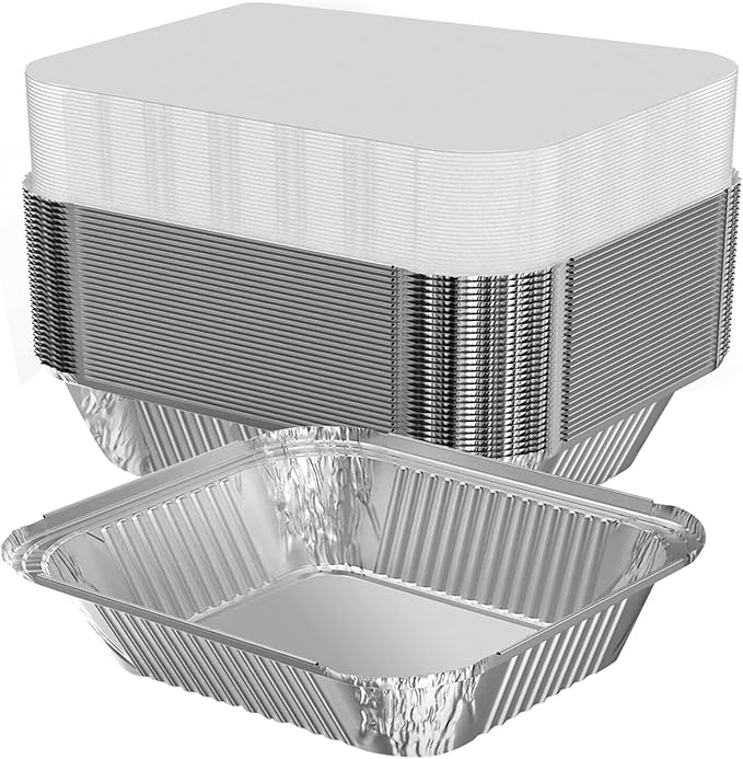 WANBAO 100 PACK 8.3"x6.2" Disposable Tin Foil Pans with Lids 2.25LB Aluminum Pans To Go Containers for Cooking, Baking, Catering Party Meal Prep, Take Out, Freeze