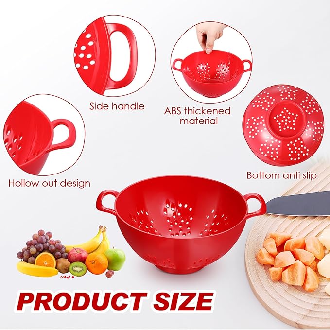 Baderke 4 Pack Mini Colander for Kitchen Plastic Berry Strainer with Double Handles 7.5 x 6 x 3 Inch Small Colander Strainer for Fruits Vegetables Food (Red)
