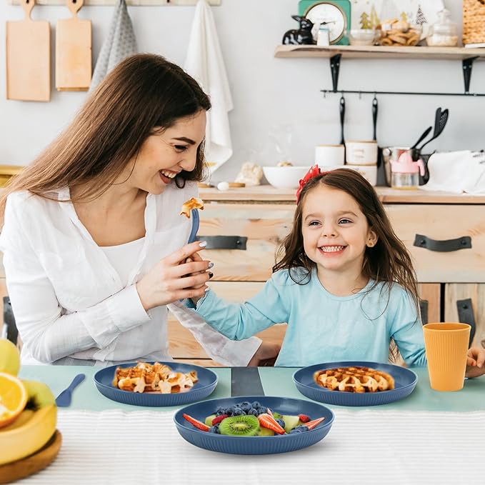 OAMCEG Plates and Bowls Sets Kitchen 42 Pcs, Plastic Wheat Straw Dinnerware Set, Dinner Plate/Dessert Plate/Cereal Bowl/Cup/Flatware Set, Dishwasher Microwave Safe, Outdoor Camping Dishes, Navy