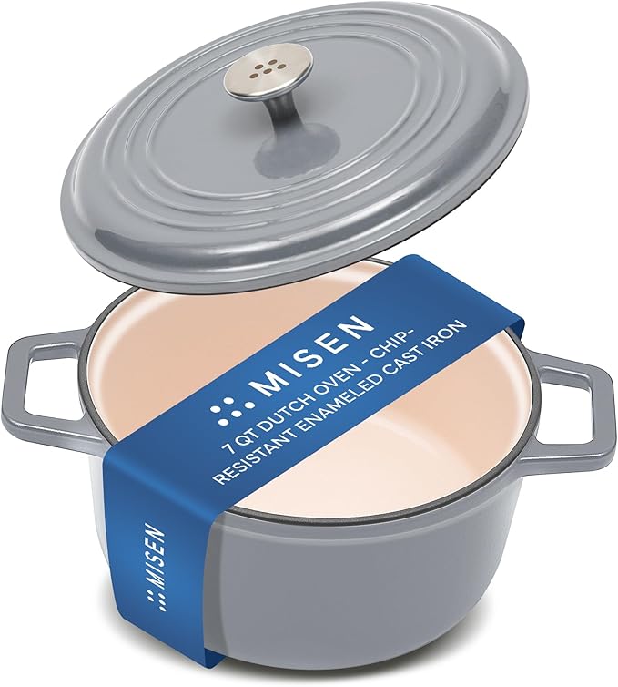 Misen 7 QT Enameled Cast Iron Dutch Oven - Chip-Resistant Enamel Coating - Thick Iron Core For Heat Retention - Large Cooking Surface - Oven Safe, Induction Compatible - Traditional Lid, Gray