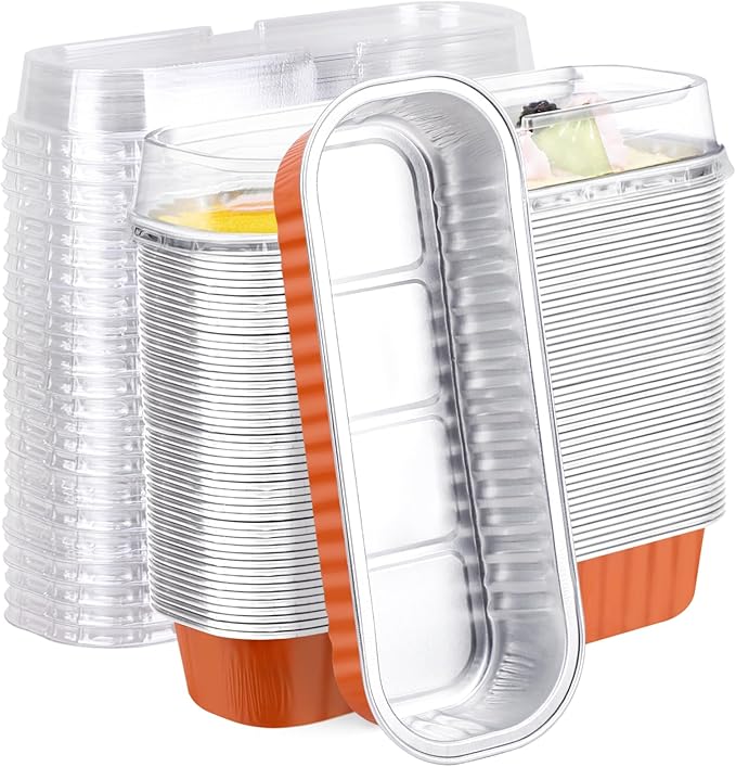 EUSOAR Mini Loaf Pans with Lids, 50pcs 6.8oz Aluminum Foil Cupcake Cups Dessert Liners with Lids, Rectangle Muffin Wrappers Creme Brulee Hoder Cheesecake Containers for Birthday Wedding Party
