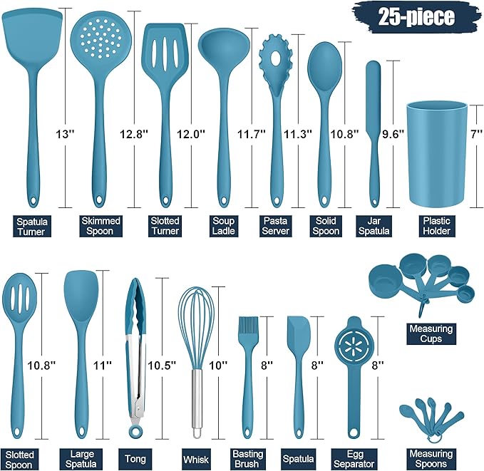 E-far Silicone Cooking Utensils Set, 25 Piece Kitchen Utensils with Holder, Non Toxic Kitchen Tools Spatula, Turner, Spoon, Ladle for Nonstick Cookware, Heat Resistant & Dishwasher Safe - Blue