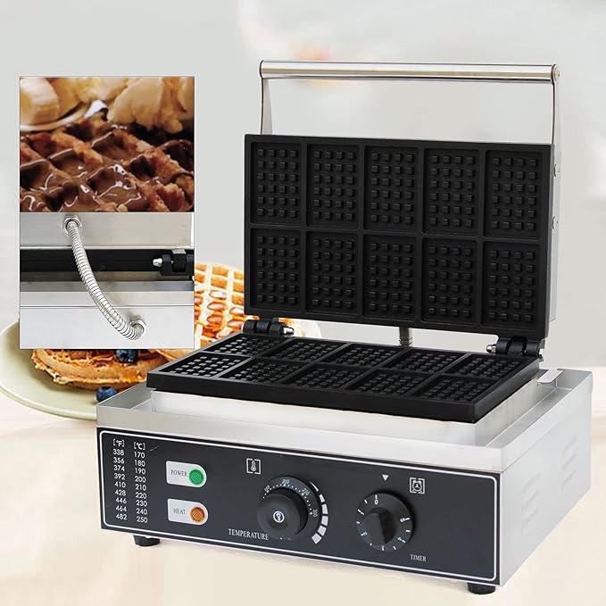 1550W Commercial Waffle Maker, 10 Grids Electric Square Waffle Maker Non-Stick Stainless Steel Belgian Waffle Iron w/Time & Temper Adjustable| Temper Comparison Table, Large Waffle Machine Restaurant