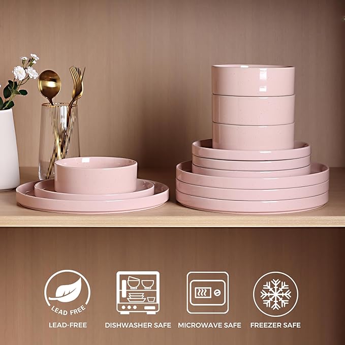 GBHOME Dinnerware Set for 4, 12 Piece Speckled Plates and Bowls Set with Glazed Bottom, Chip & Scratch Resistant Stoneware Plates Sets, Dishwasher & Microwave Safe Dishes (Pink, Service for 4)