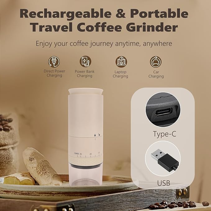 Portable Burr Coffee Grinder, Small Electric Coffee Bean Grinder with 38 Adjustable Settings, LCD Screen Mini Coffee Grinder with Clean Brush and USB for Travel and Camping (Beige)