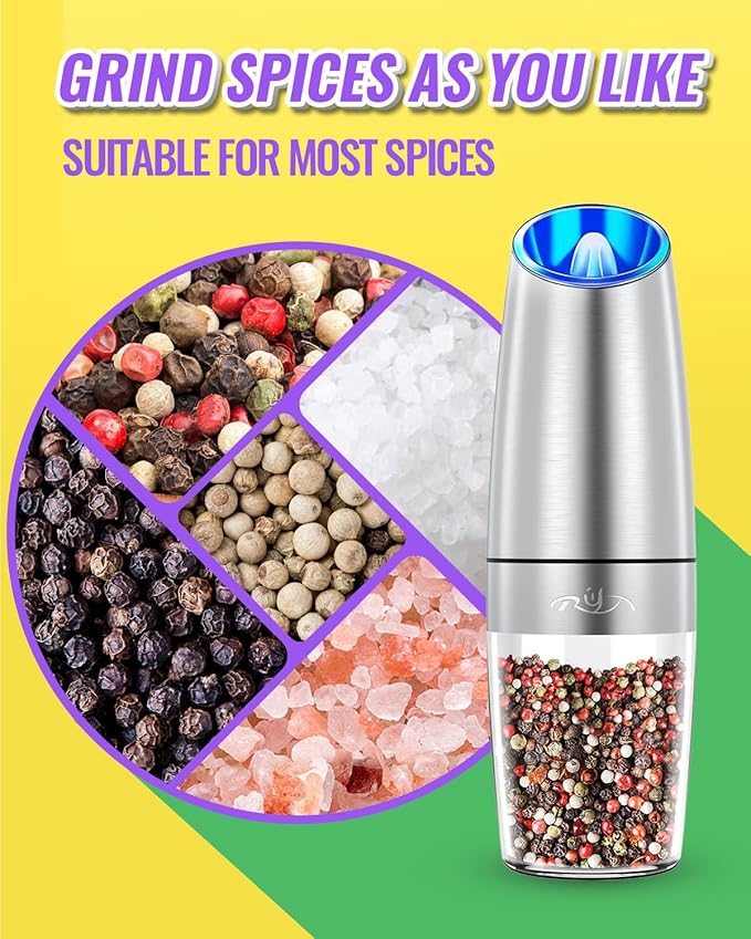 Rongyuxuan Gravity Electri Salt and Pepper Mill Set,Pepper Grinder with Ceramic Rotor,Acrylic Container,Stainless Steel Middle,Blue LED Light,Battery Powered,Adjustable Coarseness,One Hand Use,Sliver