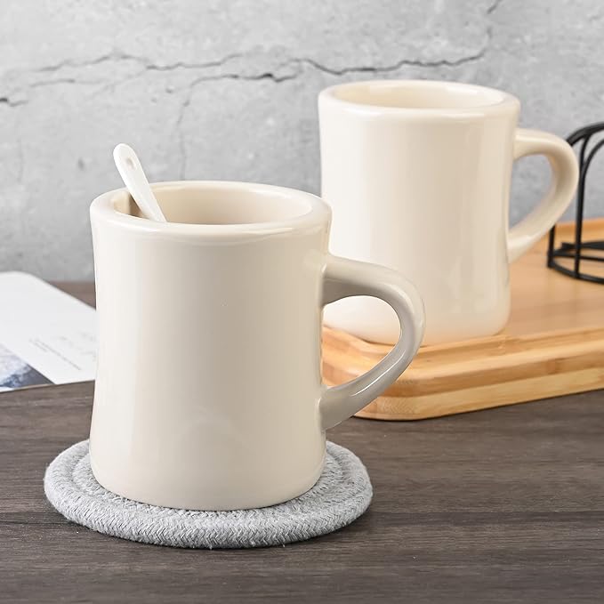 11oz Ceramic Diner Coffee Mug set Stoneware Coffee Cups Set for Restaurant, Diner, Farmhouse, Coffee Shop, Home set of 4 with Coffee spoons and Woven Coasters (Cream)