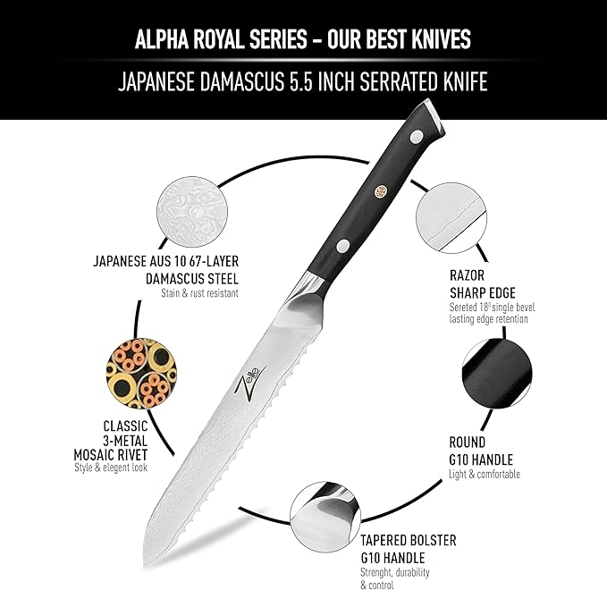 Zelite Infinity 5.5 Inch Serrated Bread Knife for Homemade Bread - Razor Sharp Japanese AUS-10 Super Steel 67-layer Damascus Knife; Sourdough Bread Knife & Bread Cutting Knife - Luxurious Gift Box