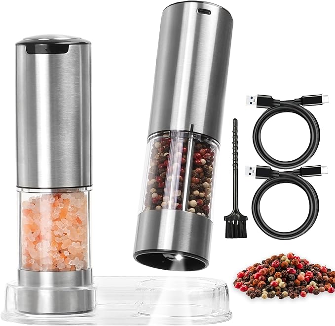 Electric Salt and Pepper Grinder Set – Automatic One-Handed Operation, Rechargeable Stainless Steel Mills, LED Light, 5-Level Adjustable Coarseness, Large 95ml Capacity and Clear Base