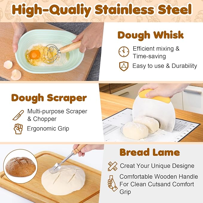 HK Sourdough Starter Kit, Sourdough Bread Baking Supplies with 9'' Round Banneton Bread Proofing Basket, 34oz Sourdough Starter Jar, Bread Lame, Dough Scraper, Dough Whisk & Silicone Baking Mats