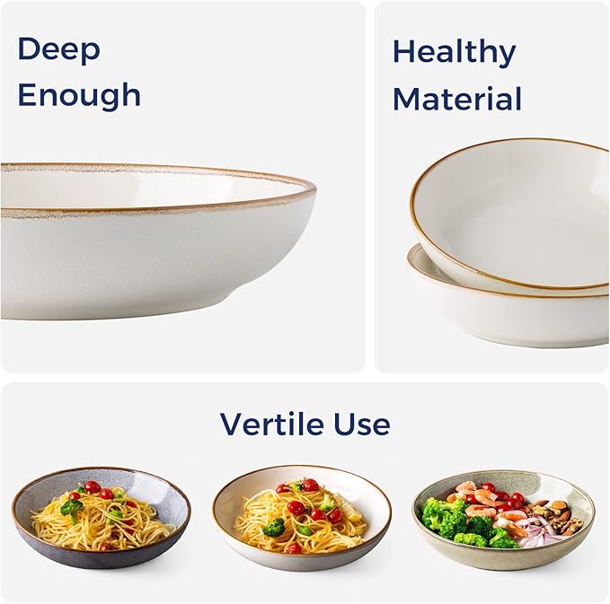 AmorArc 8.5'' Large Pasta Bowls, 36oz Ceramic Salad Serving Bowls Set of 4 for Kitchen, Wide Stoneware Bowls for Pasta,Salad,Fruit,Bread, Microwave Safe, Reactive-Pearl White