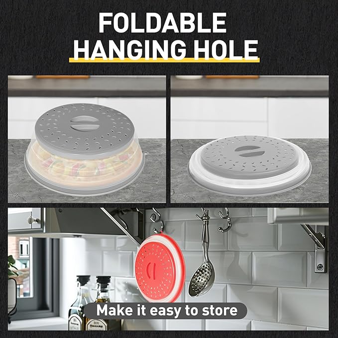 2 Pack Collapsible Microwave Splatter Cover, Vented Microwave Lid with Hook Hole, Splatter Guard for Plate Dish Bowl, Vegetable Fruit Colander Multi-function Kitchen Gadget(Grey & Red)