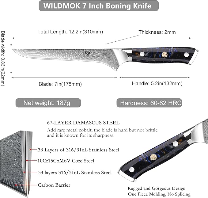 WILDMOK Boning Knife - 7 Inch Damascus Japanese Trimming Knife, Professional Grade, Resin Full Tang Handle