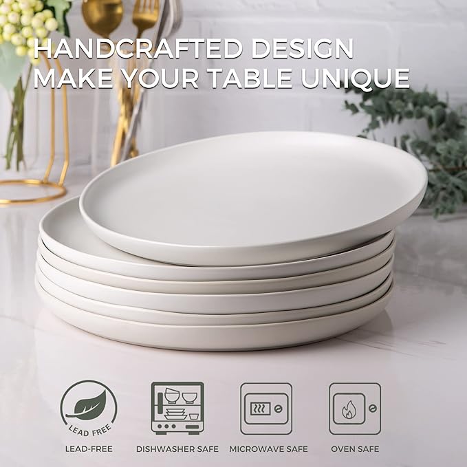 AmorArc Ceramic Dinner Salad Plates Set of 6, Wavy Rim 8.5 Inch Dish Set, The Dessert,Salad, Appetizer, Small Dinner etc Plate,Microwave, Dishwasher Safe, Scratch Resistant - Matte White
