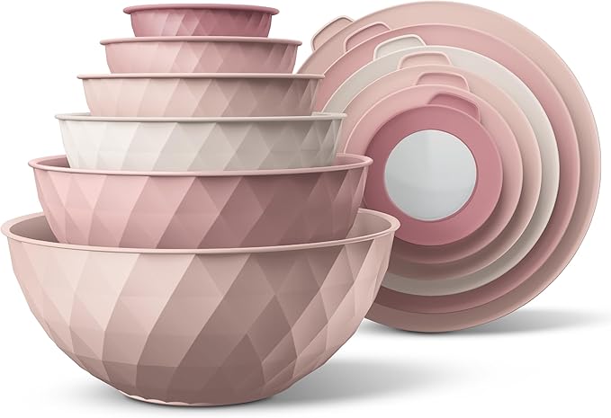 COOK WITH COLOR Mixing Bowls with Lids - 12 Piece Plastic Nesting Bowls Set includes 6 Prep Bowls and 6 Lids, Diamond Design - Microwave Safe (Mint)