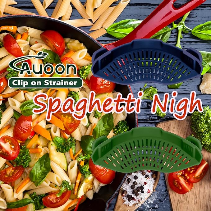 AUOON Clip On Strainer Silicone for All Pots and Pans, Pasta Strainer Clip on Food Strainer for Meat Vegetables Fruit Silicone Kitchen Colander (Navy)