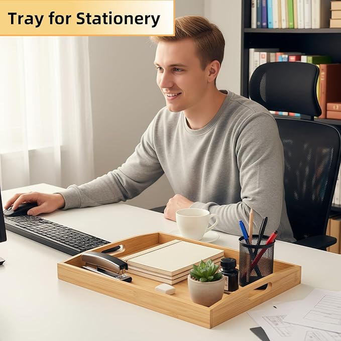 Bamboo Serving Tray with Handles Set of 2, Elegant Wood Tray for Serving Food, Coffee, or Decoration- Suitable for Living Room, Kitchen, Bedroom, Bathroom and BBQ, Picnic