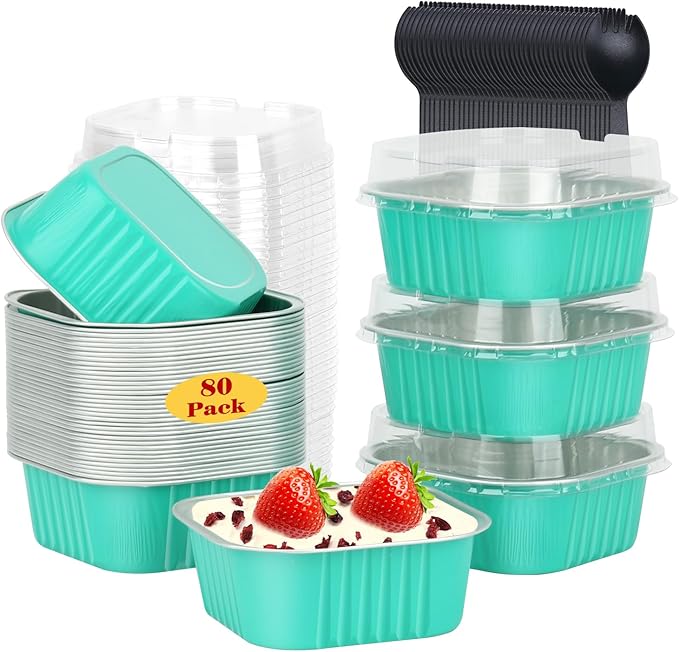 LNYZQUS 10oz/80pack Foil Mini Cake Tins with Lids 4”X4” Small Cake Baking Pans Cupcake Containers,Disposable Ramekins Mini Aluminum Brownie Pan Large Muffin Cups Holders-Cyan Blue