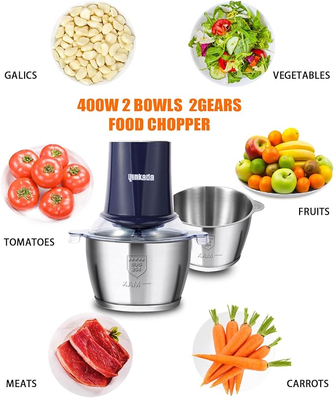 Food Processors with 2 Bowls, 400 W Meat Grinder, Food Chopper Electric, 2 Speed, 2 Pcs 8 Cup 304 Stainless Steel Bowls, 2 Blade and Spatula (Blue 2)