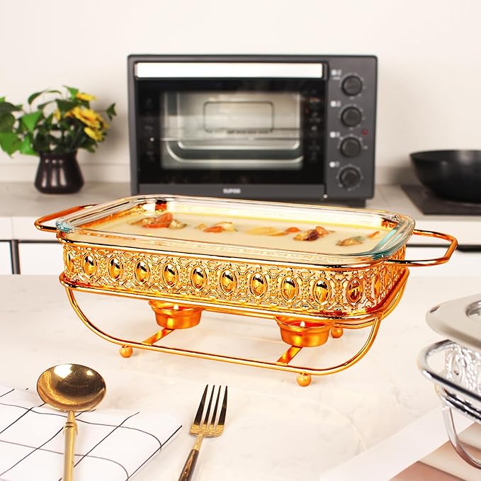 Casserole Dish 6" x 11" Glass Baking Dish with Stainless steel Lid and rack, Golden Rectangle 1.3 Qt Large Baking Pan For Casserole & Lasagna, Microwave Dishwasher Freezer Oven Safe