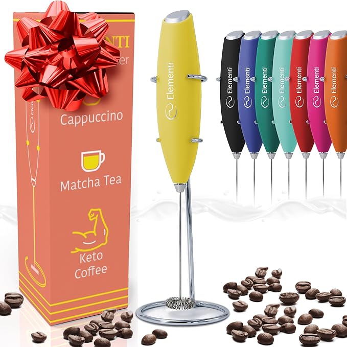 Elementi Milk Frother Handheld - Electric Coffee Mixer for Lattes, Cappuccinos and Cold Foam - Compact Drink Frother Wand for Barista-Style Beverages - Yellow