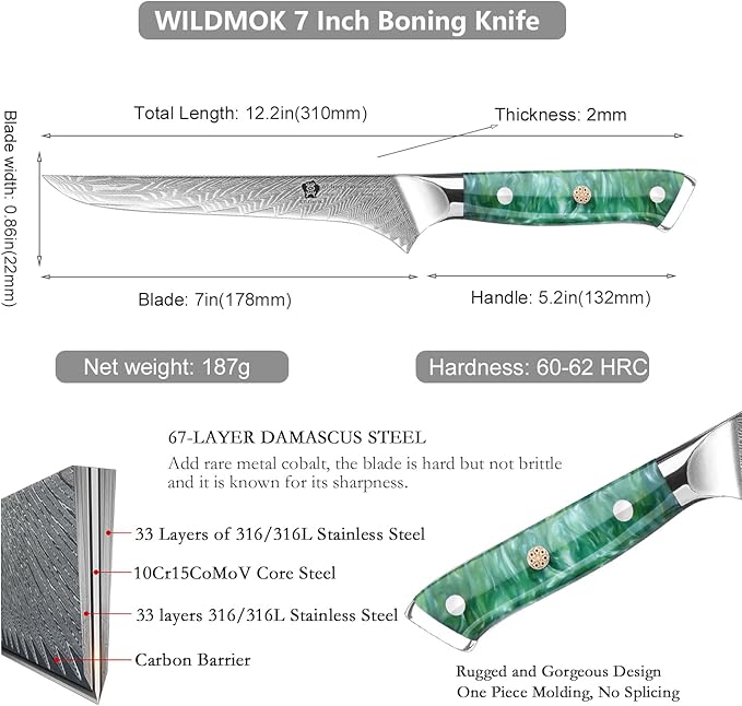 WILDMOK 7 inch Damascus Fillet Knife, Japanese Damascus Steel Boning, Carving, Deboning, Full Tang Resin Handle, Gift Box