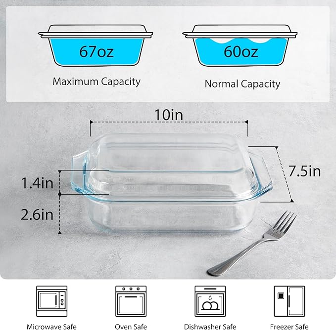 NUTRIUPS 2 QT Rectangular Glass Casserole Dish With Lid, (10×7.5in) Glass Casserole Dish for Oven