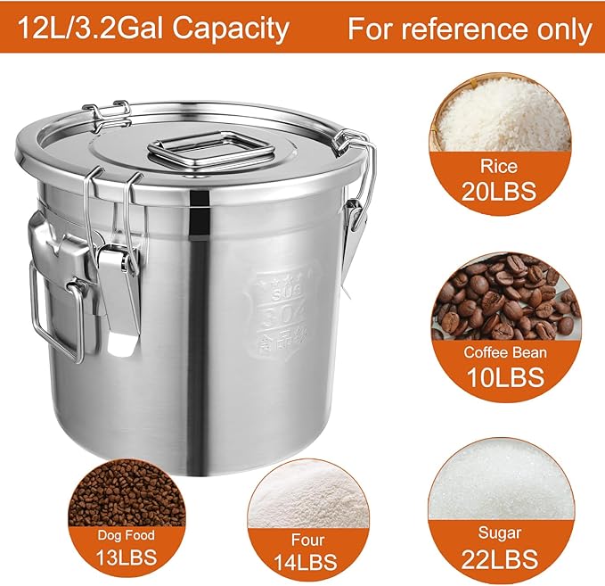 DYNAMI 304 Stainless Steel Airtight Canister for Kitchen, 3.2Gal/405oz Flour Container with Lid and Locking Clamp,10-21Lbs Metal Bucket Food Storage Container for Rice, Flour, Grain, Coffee Bean(12L)